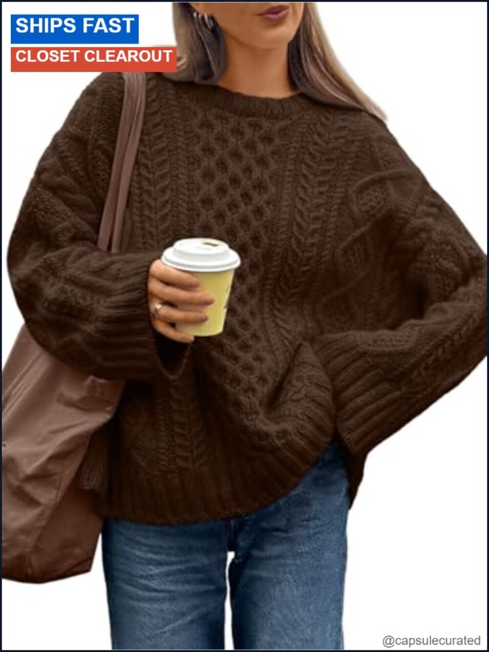 Oversized Cable Knit Sweater Crewneck Pullover Long Sleeve Cozy Fall Winter